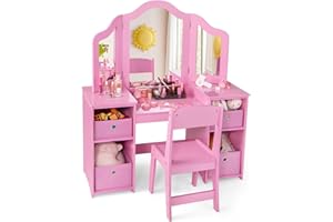 HONEY JOY Kids Vanity, Little Girls Vanity Set with with Mirror and Stool, 4 Storage Bins, Wooden Princess Makeup Dressing Table, Toddler Vanity, Pretend Play Kids Vanity Table and Chair Set (Pink)