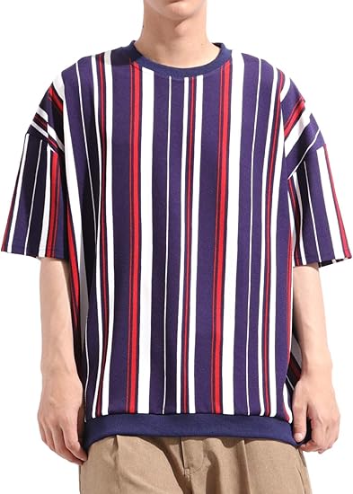 Amazon ファストカラーズ カットソー ビッグシルエット 半袖 ストライプ柄 クルーネック ストレッチ素材 スウェット ワイド Tシャツ カットソー 通販