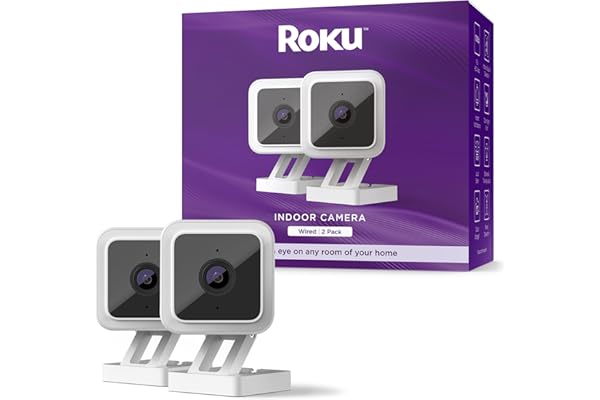 Roku Indoor Camera for Home Security, 2-Pack - Wired Security Camera with 1080p HD Color Night Vision, Compatible with Alexa & Google, Motion & Sound Detection, Built-in Siren (Renewed)