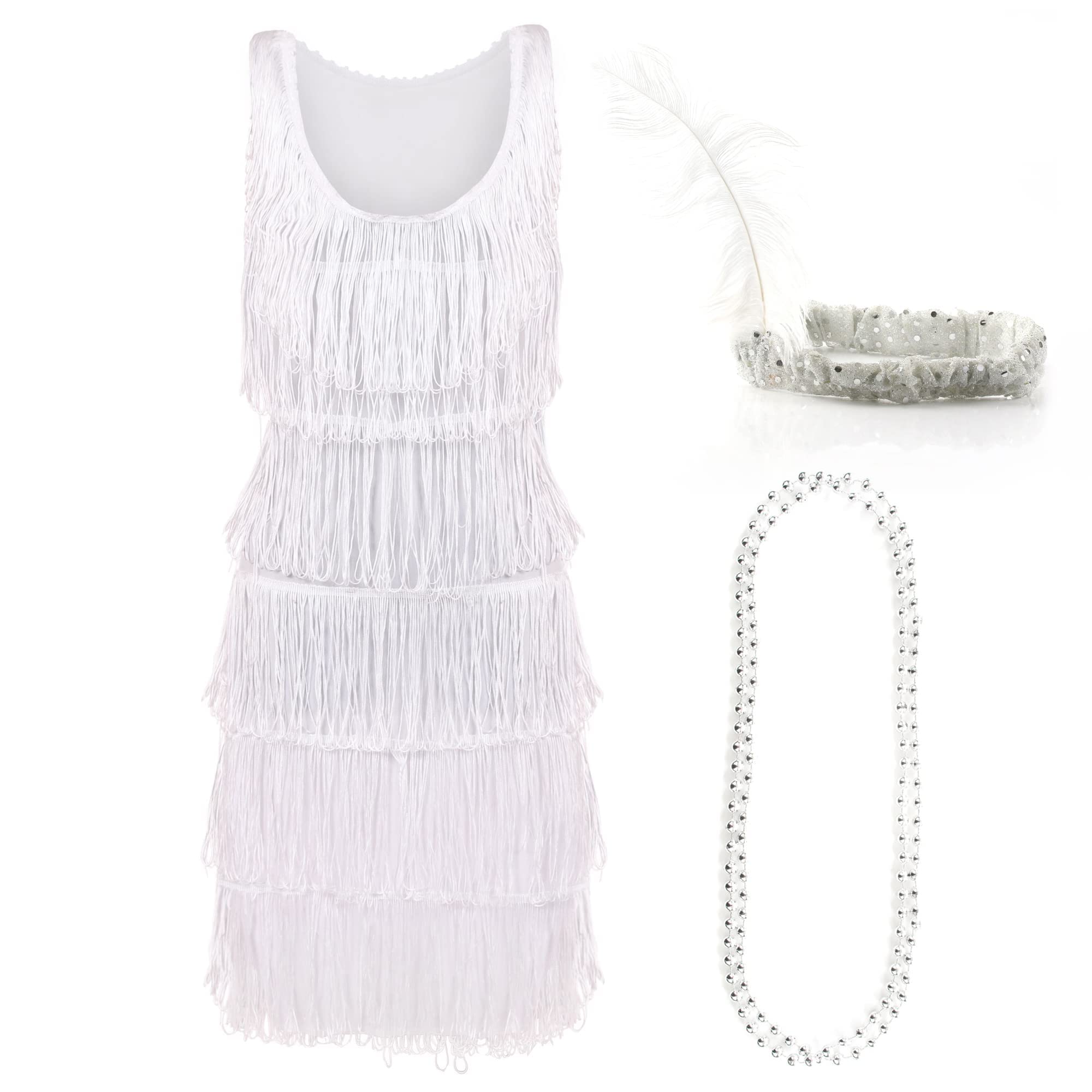 White Deluxe Flapper Dress - XX-Large - Ladies Deluxe White Flapper Costume with Matching Sequin Headband and Silver Pearl Necklace - 1920's Party Dress