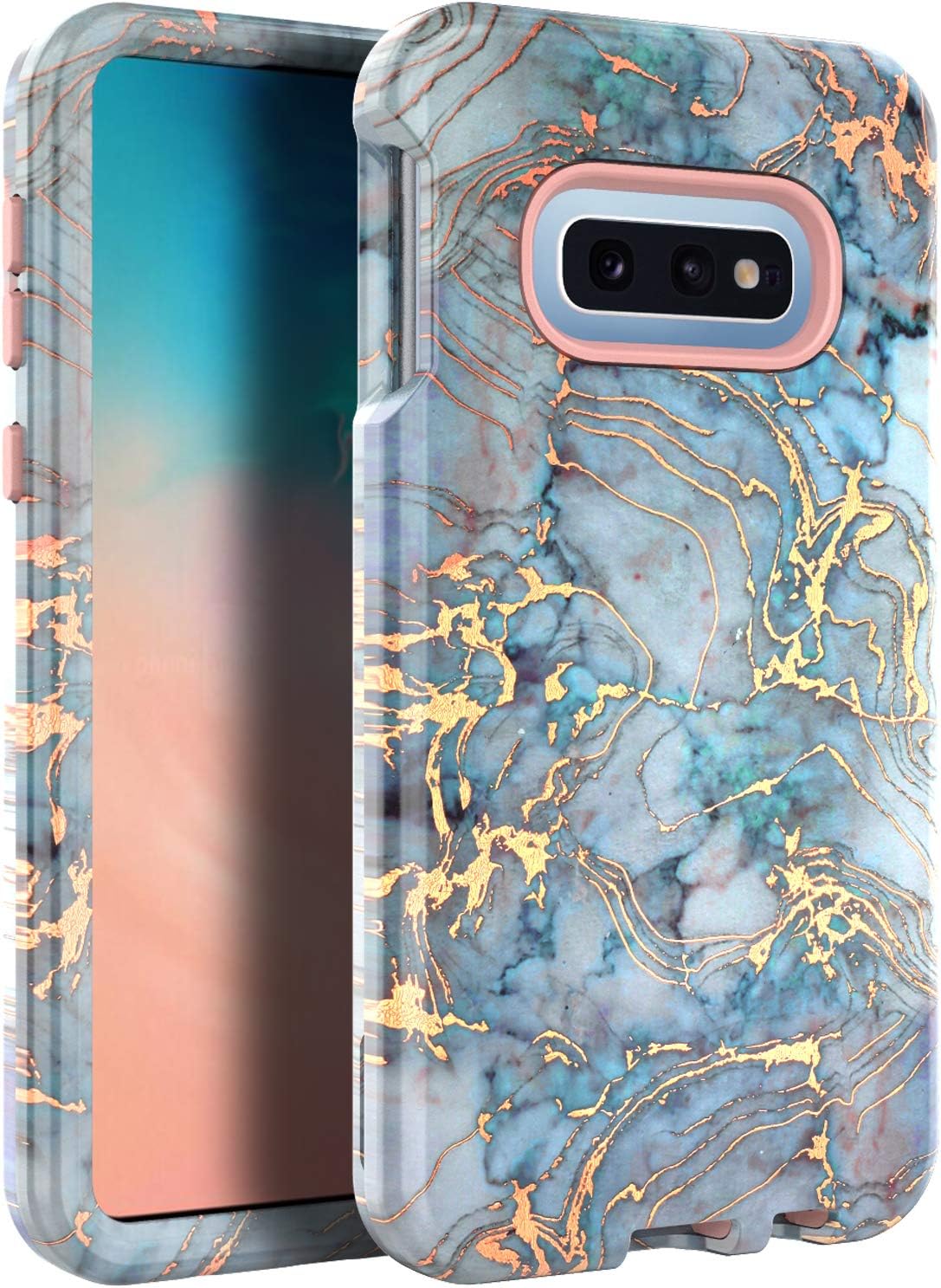 BAISRKE Galaxy S10E Case, Heavy Duty Hybrid 3-Layer Full-Body Shockproof Protection Case Soft TPU & Hard Plastic Back Cover for Galaxy S10E 5.8 inch - Blue Gray Marble