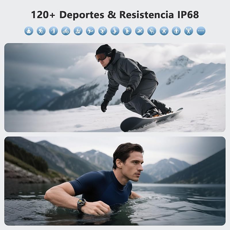 Reloj Inteligente Hombre con Llamadas con Linterna y Brújula, 960mAh Batería 1.45" Militar Smartwatch Hombre con,123 Modos Deporte,Monitor Cardíaco 24h/SpO2/Sueño,Podómetro,IP68,2Correas(iOS/Android)