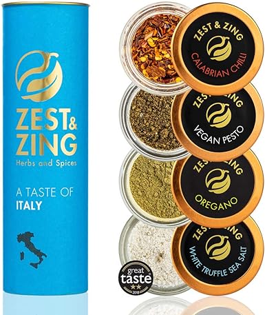 Caja de regalo Especias de Italia (Trufa blanca con sal, Pimiento, Pesto, Origano) - Cajas de regalo ZEST & ZING. Navidad, estreno de una casa, cumpleaños, regalos de boda para los sibaritas.: