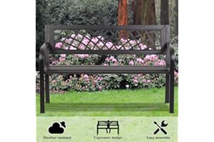 Dkeli Patio Bench Outdoor Park/Garden Bench Metal Sturdy Cast Iron Porch Chair Seat Furniture with Armrests 480BLS Bearing Capacity for Park Yard Deck Entryway, Black