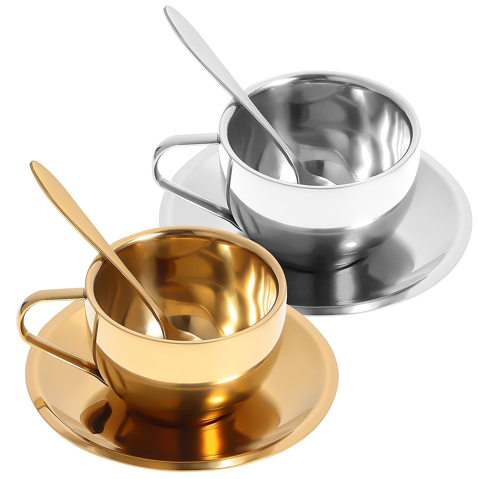 Alipis Stainless Steel Tea Cup and Saucer Set of 2 Metal Coffee Mugs with Spoon 5.5Oz Espresso Cups for Afternoon Tea and Coffee Lovers Gold and Silver Finish