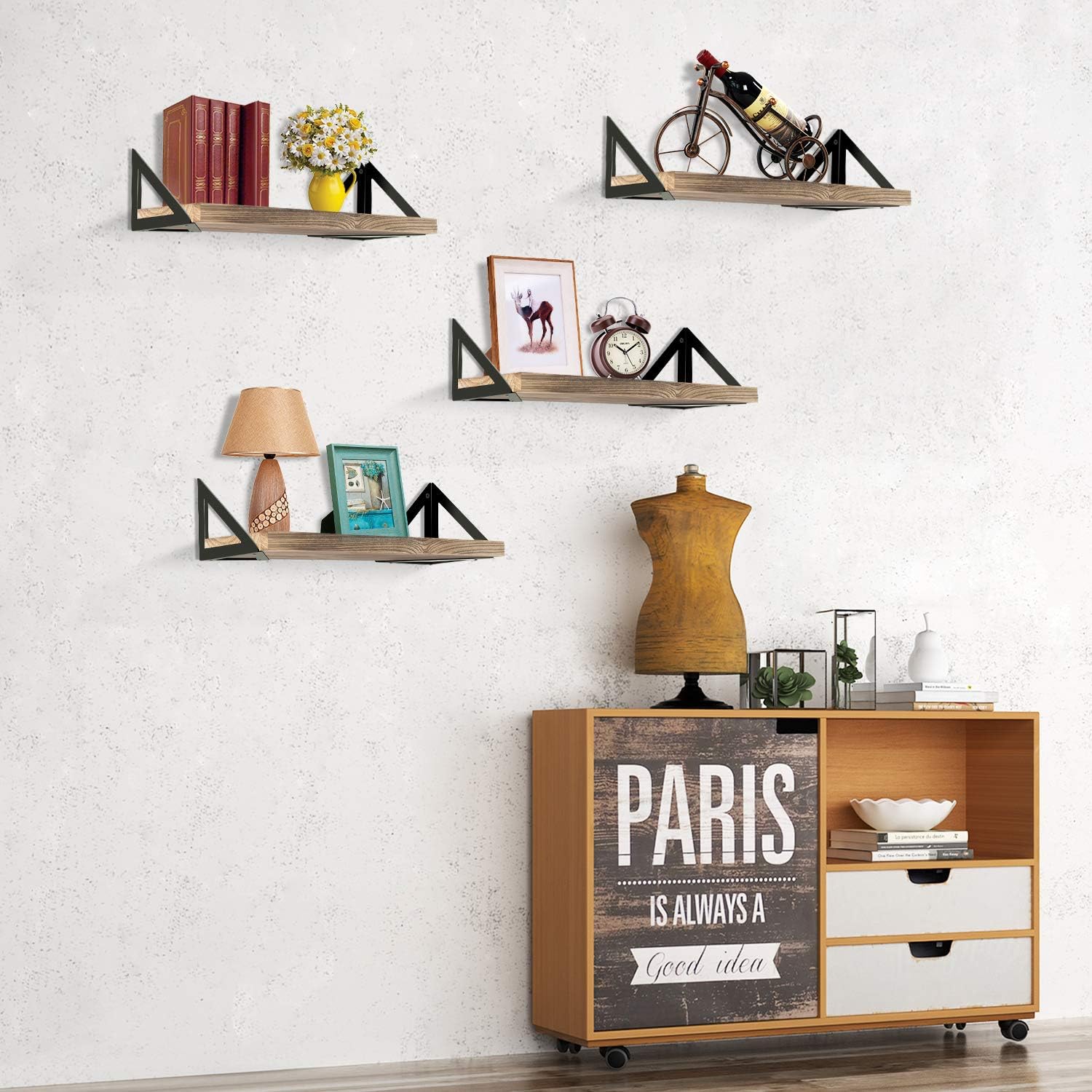 Klvied Floating Shelves Wall Mounted Set of 4, Rustic Wood Wall Shelves, Storage Shelves for Bedroom, Living Room, Bathroom, Kitchen, Office and More, Carbonized Black: Furniture & Decor
