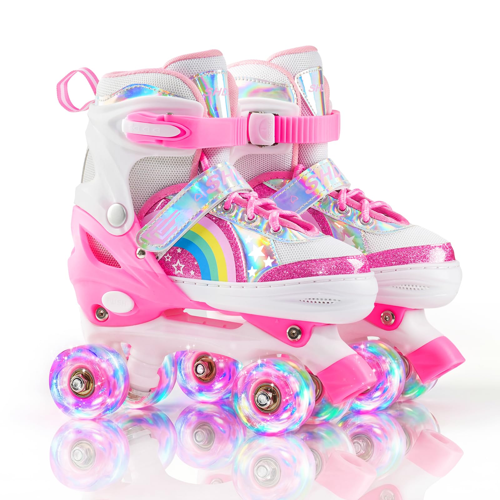 SHDSL Girls Roller Skates for Kids Beginners 4 Size Adjustable Roller Skates, Light UP 8 Wheels for Girls Roller Skate Fun Illuminating Roller Skate for Kids Girl Boys patines para niñas Image