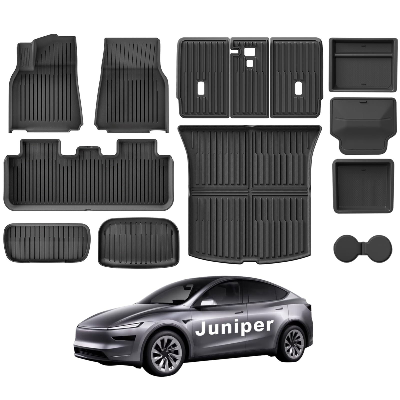 Weize 2025 2026 Tesla Model Y Juniper All Weather Cargo Liner Floor Mats 9 PCS & Double Layer Center Console Organizer 4 PCS, Full Coverage Tesla Interior Accessories Kit Image