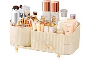 MULVINNIE Makeup Organizer- 360° Rotating Makeup Organizer for Vanity with Drawers, Large Capacity Cosmetic Display Cases, Cosmetic Organizer for Skincare, Brushes, Eyeshadow, Lipstick (Cream White)