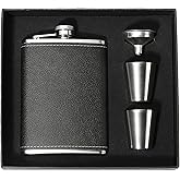 Hip Flask Gift Set for Men, 8oz Leak-proof Flask with 2 Cups and Funnel, Food-grade Stainless Steel Black Leather Pocket Flask, Gift Box Suitable for Whiskey, Wedding Party Groomsman Gift