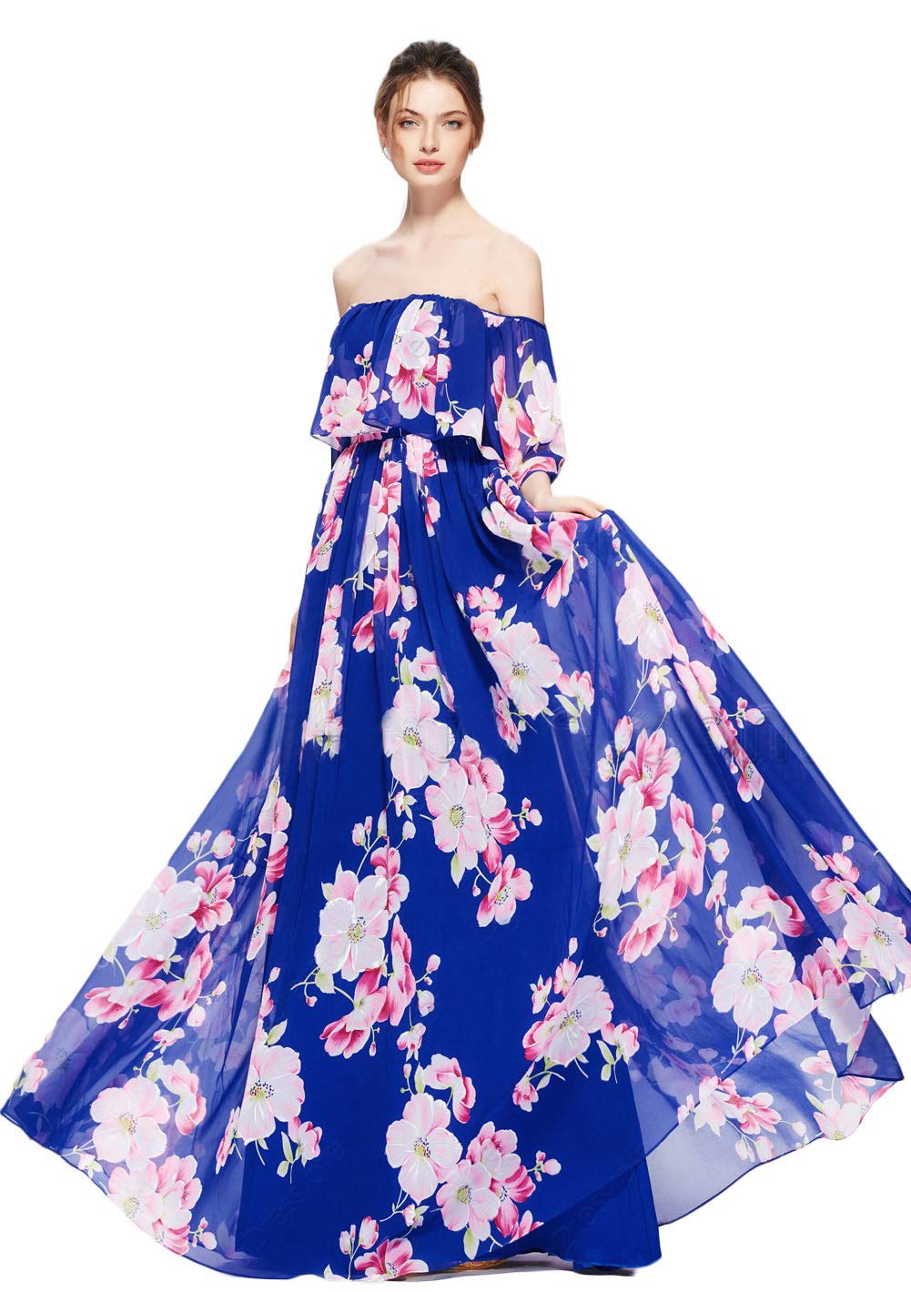 Women's Floral Prom Gown Boat Neck Off Shoulder Evening Maxi Dress 6