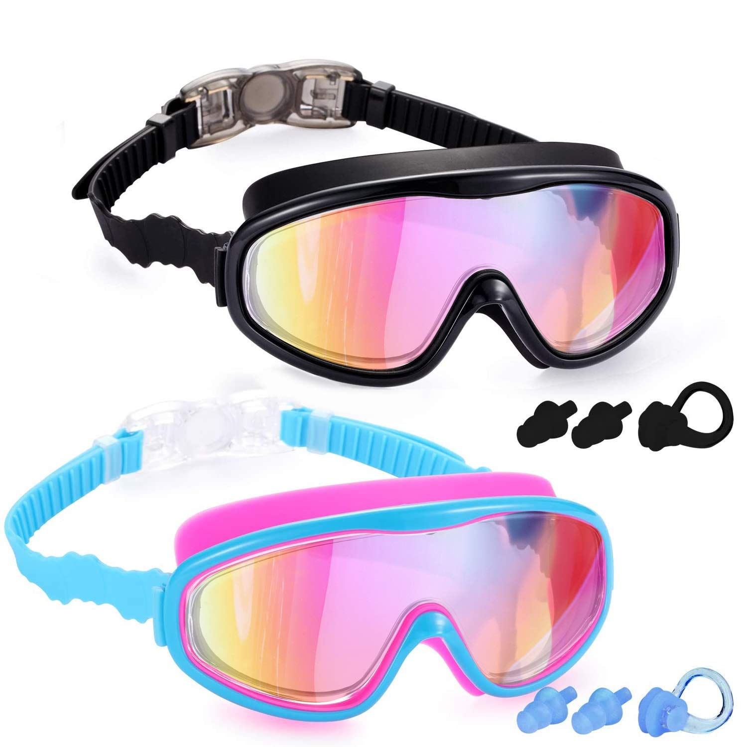 Yizerel 2 Pack Kids Swim Goggles, Swimming Glasses with Electroplating for Children and Early Teens from 3 to 15 Years Old, Wide Vision, Anti-Fog, Waterproof, UV Protection (Set of 2)