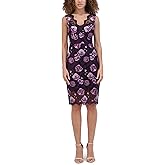 Kensie Women's Sleeveless V-Neck Embroidered Mesh Sheath Dress, Plum Multi