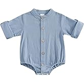 Karuedoo Newborn Baby Boy Clothes Cotton Linen Shirt Bodysuit Button Up Roll Up Long Sleeve Romper Jumpsuit One-Piece Outfit