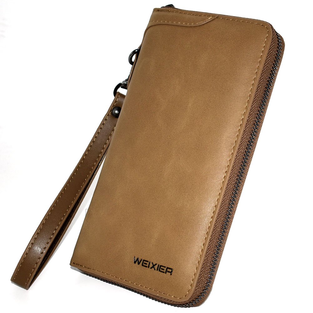 WEIXIER Men's Clutch Bag Handbag Genuine Leather Purse Zipper Long Wallet Business Large Hand Clutch Phone Holder, Thin Khaki Single Zip, 7.87in*4.72in*1.96in, Casual โ image 1