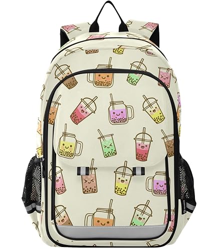 TGUBJGV Cute Boba Bubble Tea Print Kids Backpack, Lightweight Girls School Bookbag with Front Pocket and Side Pockets for School and Daily Use