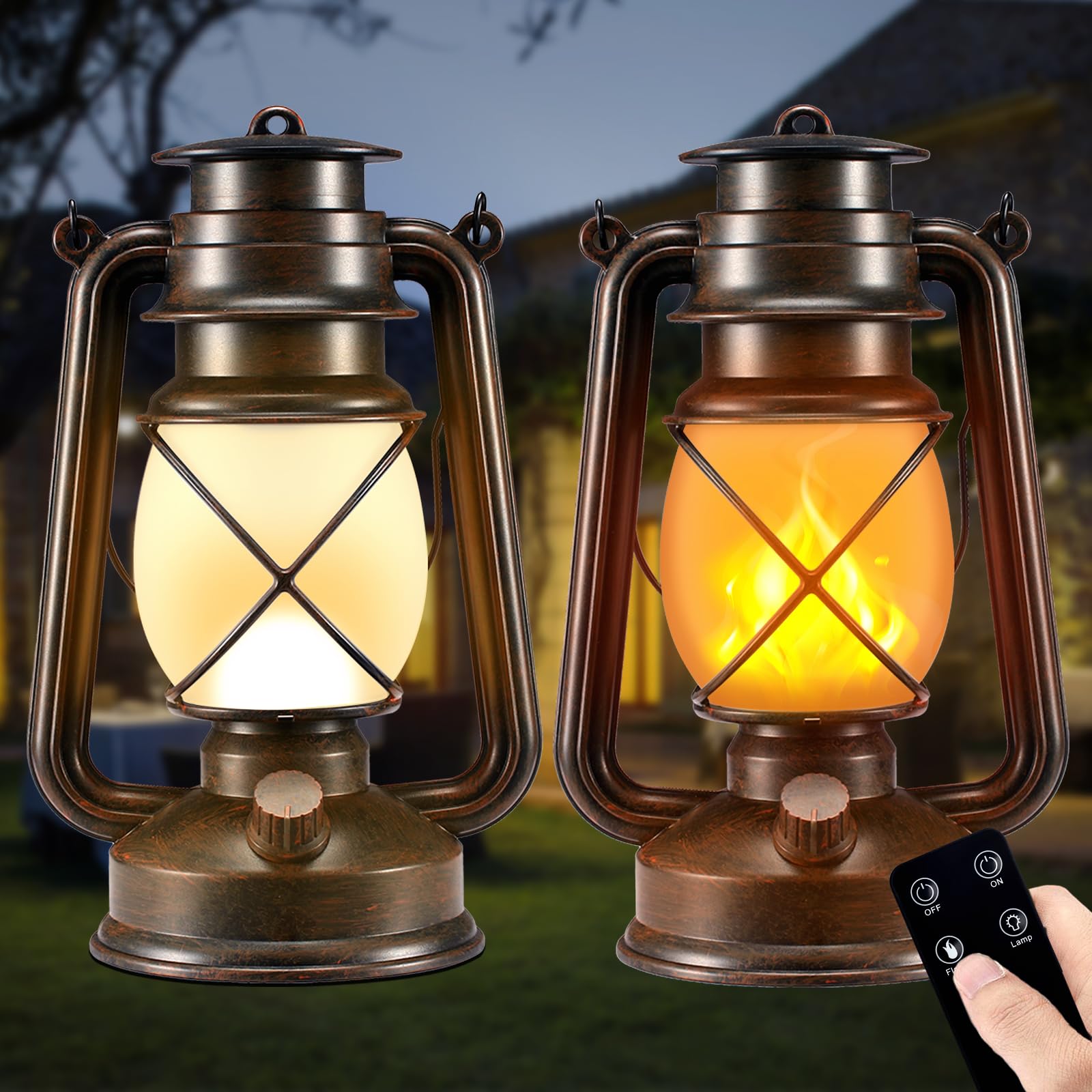 Photo 1 of Battery-Powered 2 Modes Lighting LED Vintage Lanterns Decorative Outdoor & Indoor, 2 Pack Bronze Lights with Dancing Flame, Waterproof Remote Control Retro Lanterns Decor for Room,Garden,Porch