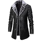 Rayiisuy Men's Faux Leather Jacket Thick Faux Fur Shearling Lapel Collar Botton Down Long Trench Coats Black Brown