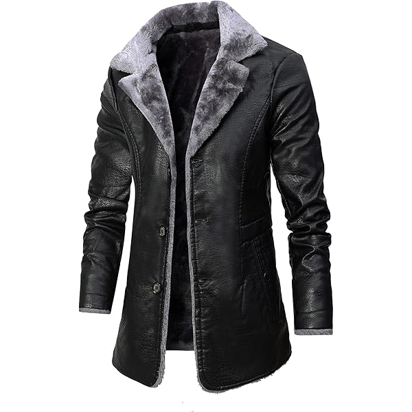 RTRDE Men's Winter Faux Leather Coat Lapel Collar Sherpa Lined