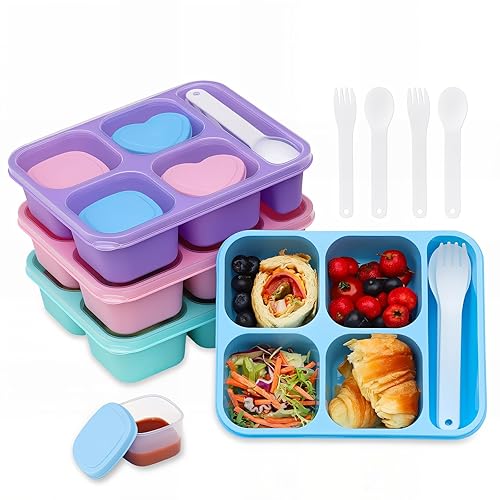 Bugucat 4 Pack Snack Containers, 4 Compartments Bento Snack Box with 1 Utensil Compartment, Reusable Meal Prep Boxes for Kids Adults, Divided Food Storage Containers for School Work Travel