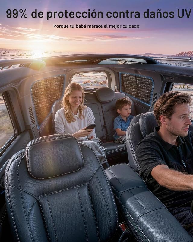 Cortina solar para carro de bebé, 2 unidades para vidros laterais traseiros, tecido elástico duplo respirável, proteção UV e rede mosquiteira, preto