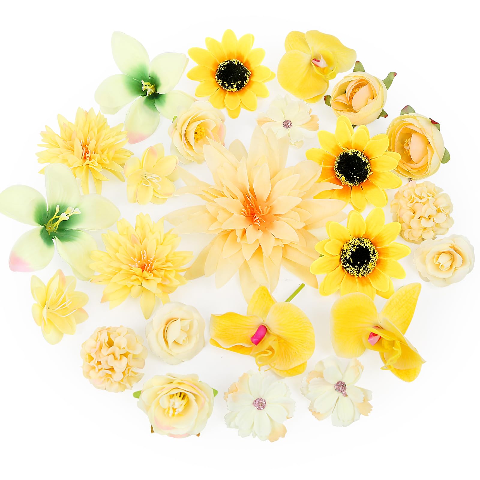 LARDUX 24 PCS Artificial Flower Heads-Craft Fake flower Decoration Mini Silk Yellow Flower Heads Bulk Mix for DIY Wedding Party Hair Accessory Scrapbooking Home Decor