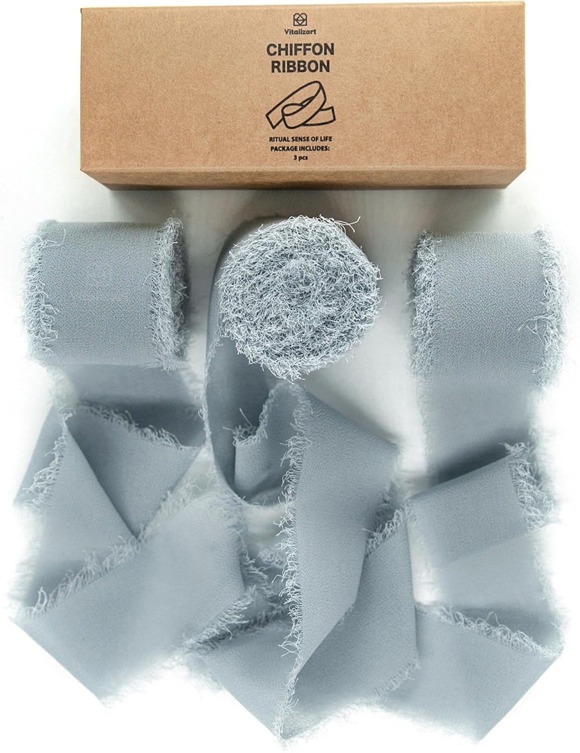 Vitalizart Dusty Blue Chiffon Ribbon 1.5'' x 21 Yd, Chiffon Silky Ribbons 3 Rolls 1.5'' x 7 Yd, Handmade Fringe for Wedding Invitation, Bridal Bouquet, Gift Wrapping, Holiday Decoration, DIY Craft