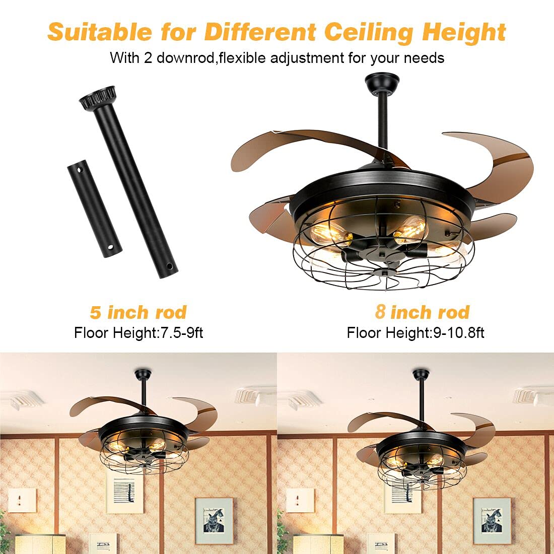 LEDMO Industrial Retractable Ceiling Fans with Lights - with 5 LED Bulbs 4 Mode Timing with Remote Controller 42inch Vintage Ceiling Fans with 2 Down Rods for Kitchen Bedroom Living/Dinning Room