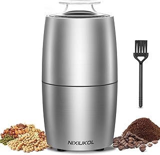 Edelstahl Kaffeemühle Elektrische Gewürzmühle 200W tragbare Kaffee und Gewürz Mühle mit Edelstahlklingen, 50dB Geräuscharm Getreidemühle, 50g Kapazität, Grinder für Kaffeebohnen, Nüsse, Würzen, Korn