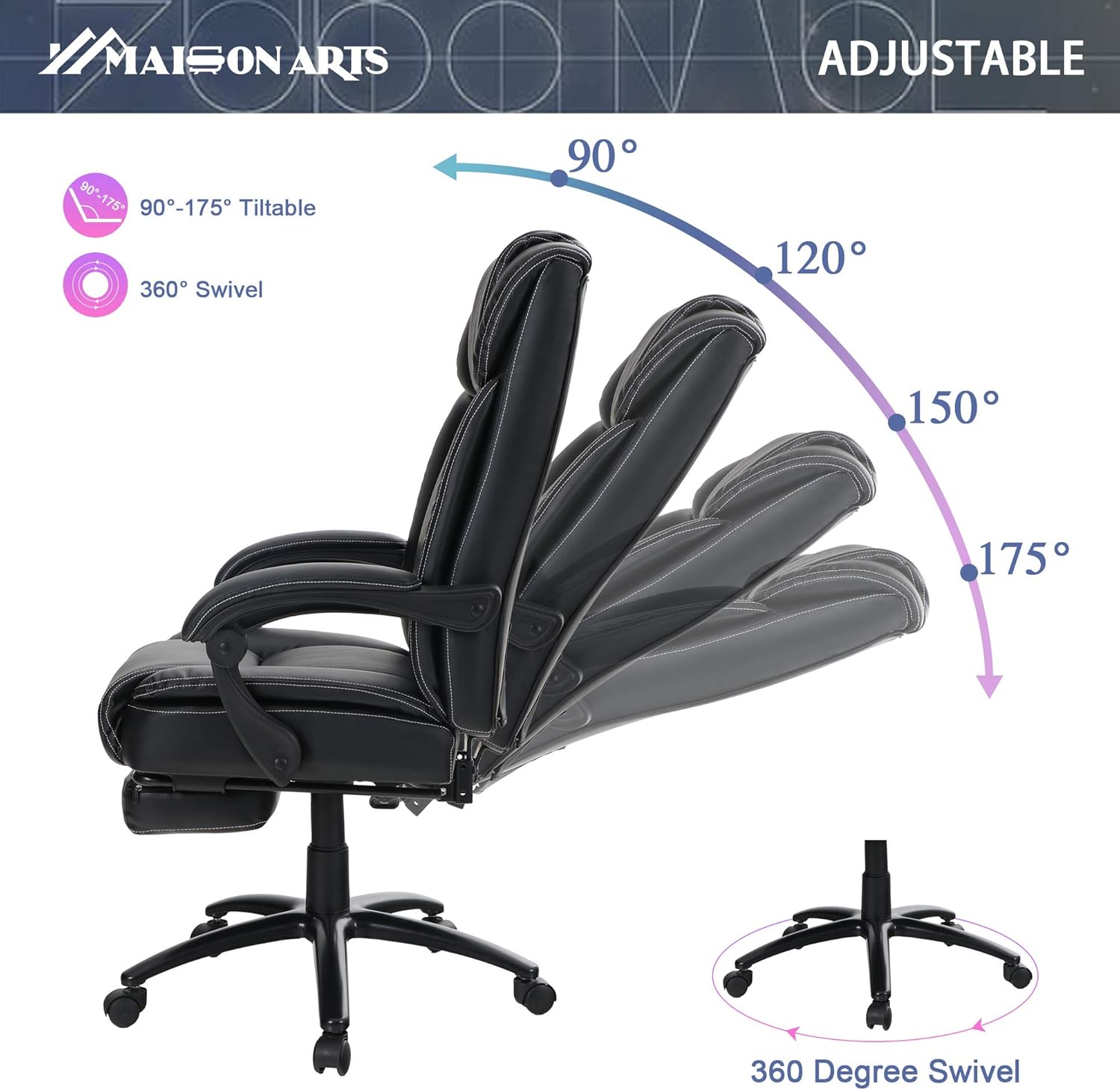 MAISON ARTS Big and Tall Bonded Leather Reclining Office Chair Task Chair, 400lb High Back Executive Massage Computer Desk Chair with Retractable Footrest and Metal Base for Home Office: Kitchen & Dining