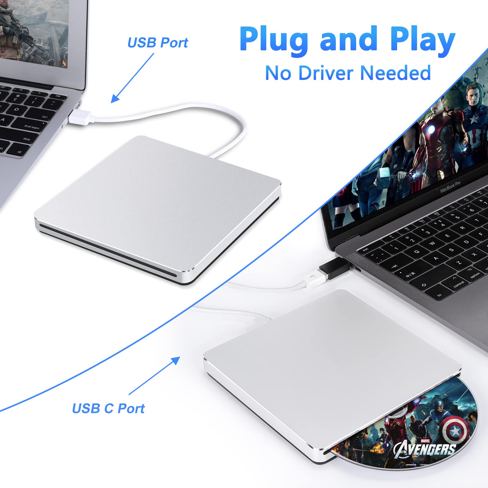 Guamar External CD Drive for Mac: USB 3.0 Superdrive for Apple MacBook - Slim & Portable Slot-in DVD Burner for Laptop PC Windows with USB-C Adapter - Plug & Play Aluminum (Silver)