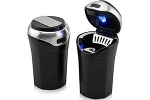 TAKAVU Car Ashtray (1-Pack), Easy Clean Up Detachable Stainless Car Ashtray with Lid Blue Led Light and Removable Lighter for Most Vehicle Cup Holder (Silver)