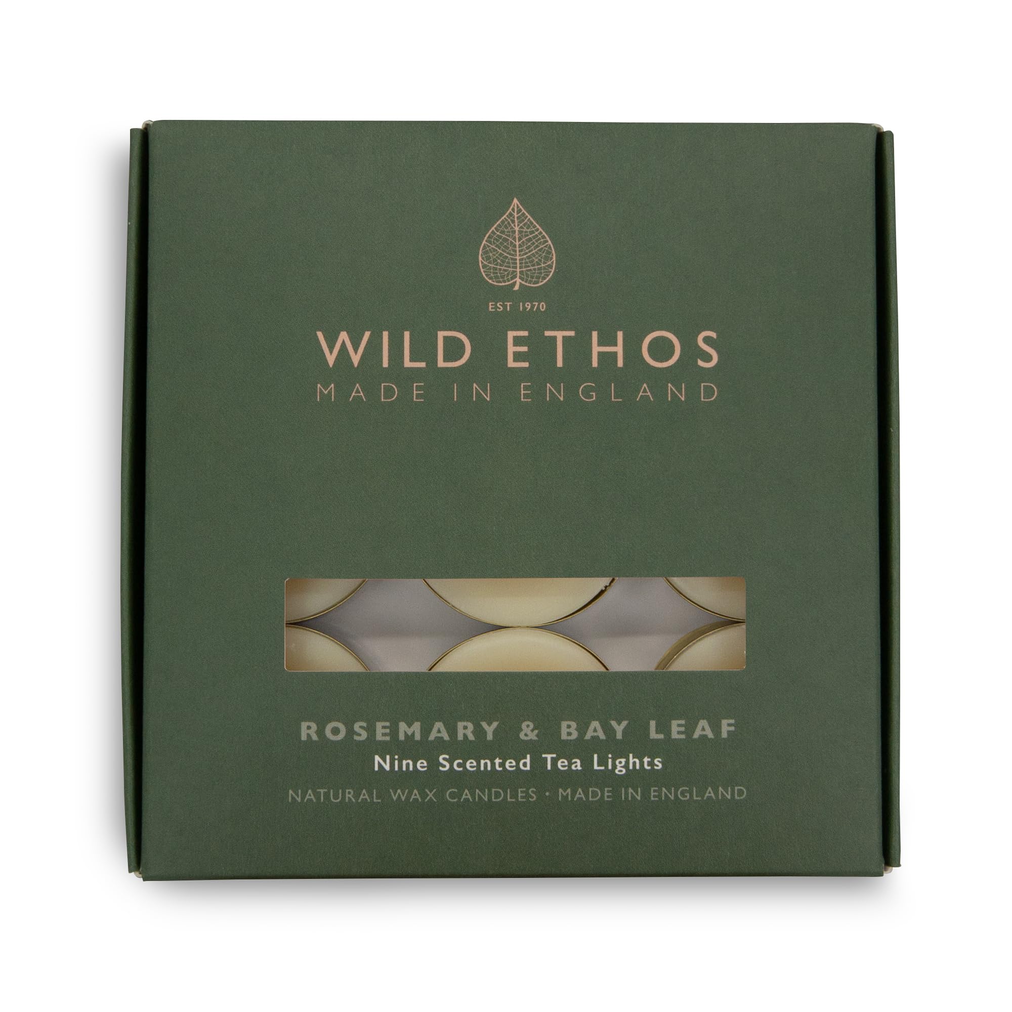 Wild Ethos Scented Tea Lights - Natural Wax - Long Lasting & Blended Natural Essential Oils - Pack of 9 - Made in The UK - Select Your Scent (Rosemary & Bay Leaf)