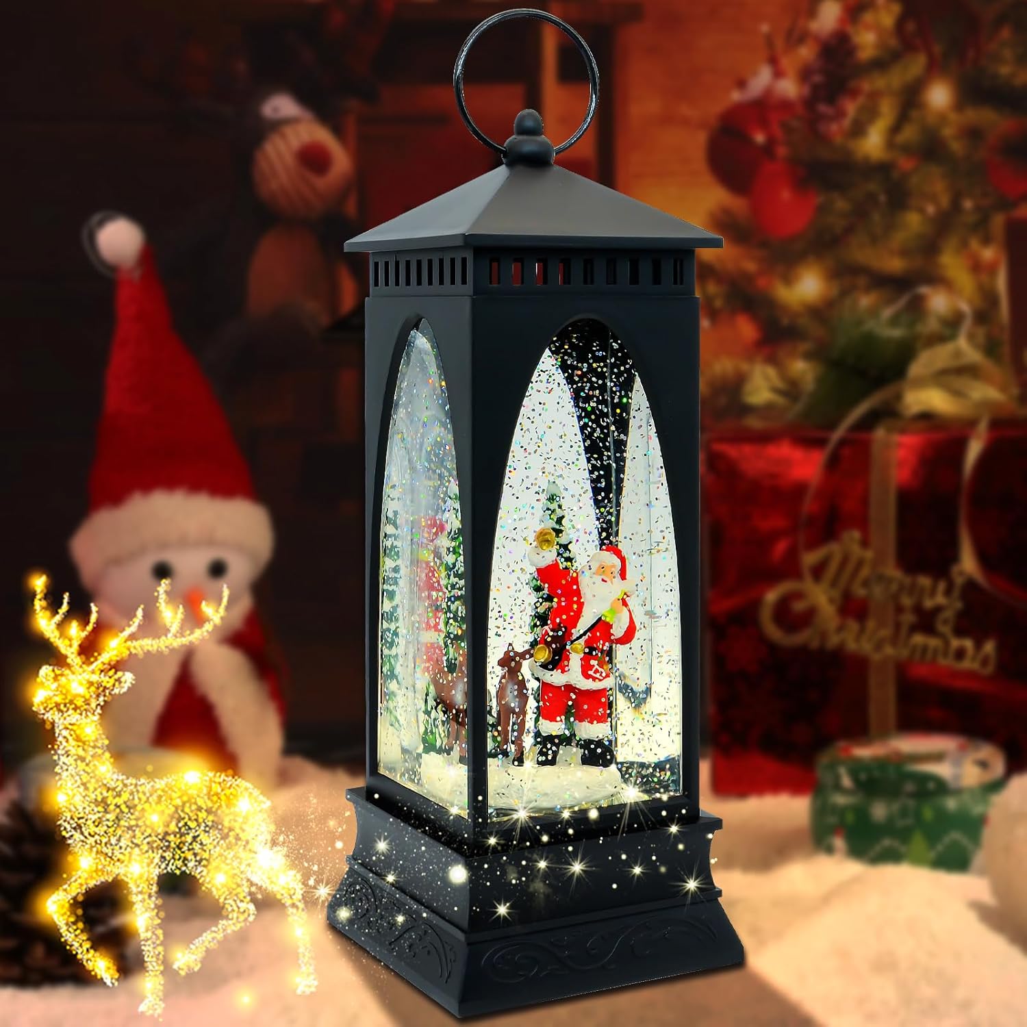 Snow Globes - Christmas Snow Globe Lantern with LED Swirling Glitter Retro Santa Claus with Music & Timer, Snow Globe Lighted Christmas Decorations, Battery Operated Glitter Lantern for Holiday Season Home Decor