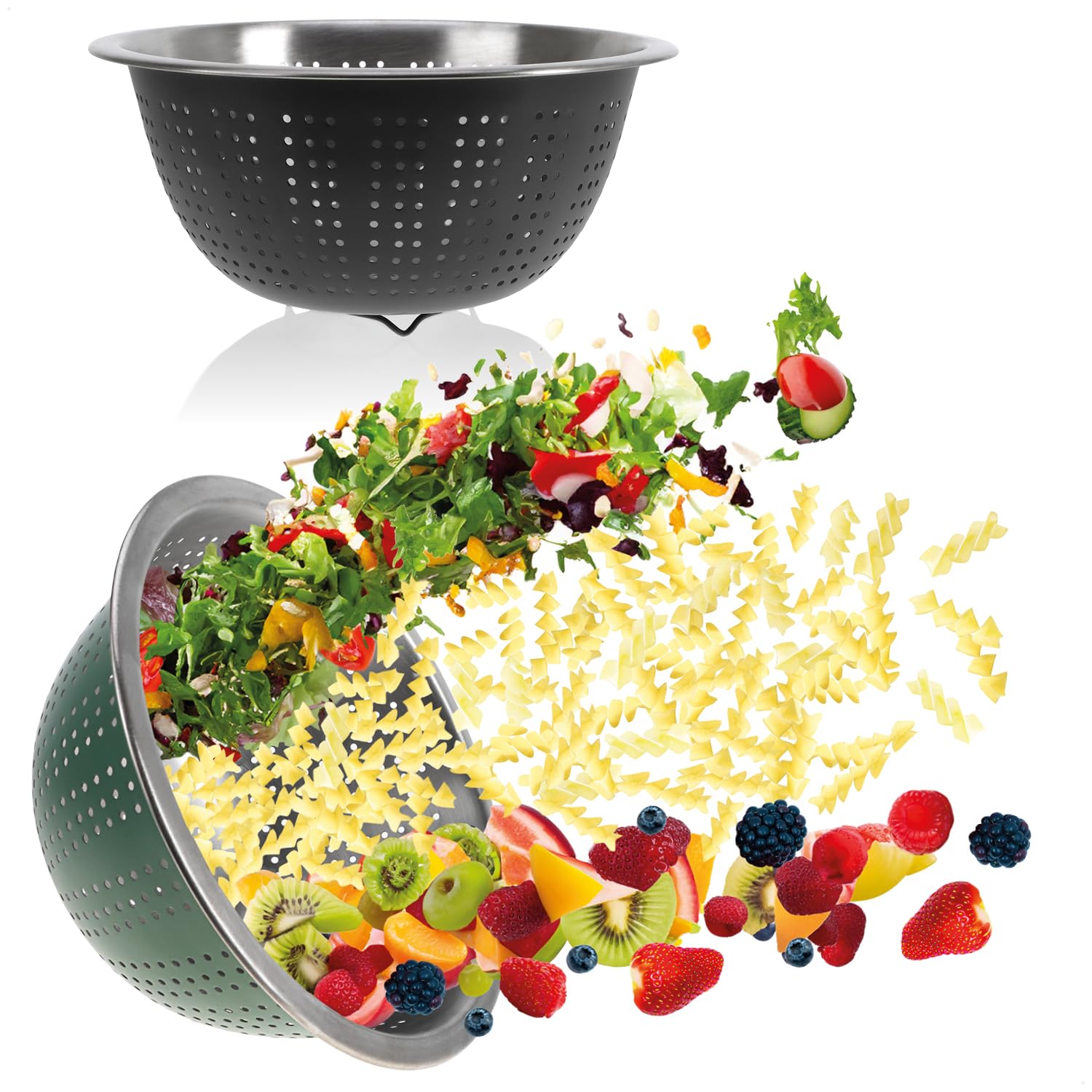 COM-FOUR® 2X Kitchen Sieve Made of Stainless Steel - Classic Pasta Sieve - Colander for Washing Fruit, Vegetables and Salad - Round draining Sieve (2 Pieces - Ø 28cm Color Mix)