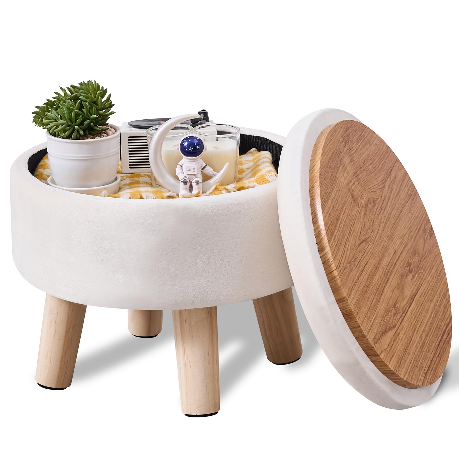 Wimarsbon Velvet Storage Ottoman Round Footrest Stool Upholstered Footrest Footstool with Storage Wood Legs Coffee Table Shoe Changing Stool for Living Room Bedroom Entryway (Milky White)