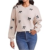 Milumia Women's Y2K Bow Print Knit Sweater Crew Neck Drop Shoulder Long Sleeve Pullover Top
