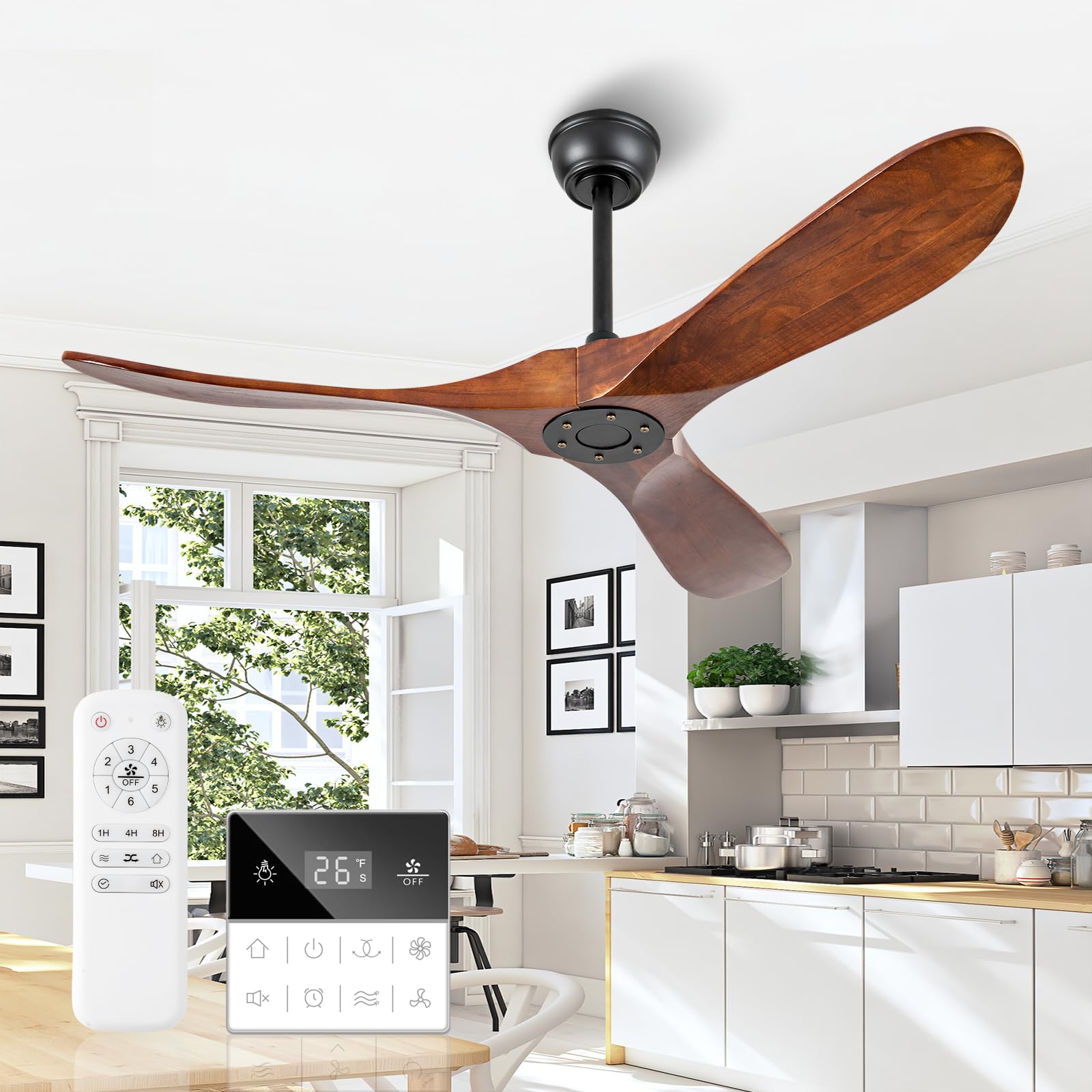 Photo 1 of Benicefun 52 Inch Walnut Outdoor Ceiling Fan No Light, Solid Wood Ceiling Fans Without Lights, Mid-sized Modern 3 Blade Quiet Dc Ceiling Fans For Slanted Ceilings, Rustic Wood Ceiling Fan For Garage