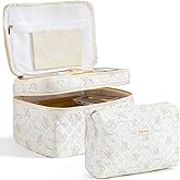 HBselect 2Pcs Travel Makeup Bag, Large Cotton Quilted Makeup Bag Cosmetic Bag Cute Make up Bag Toiletry Bags for Women Girls