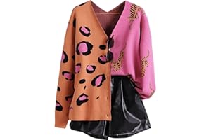 WDIRARA Women's Leopard Tiger Print Cardigan V Neck Long Sleeve Color Block Button Down Sweater Outwear