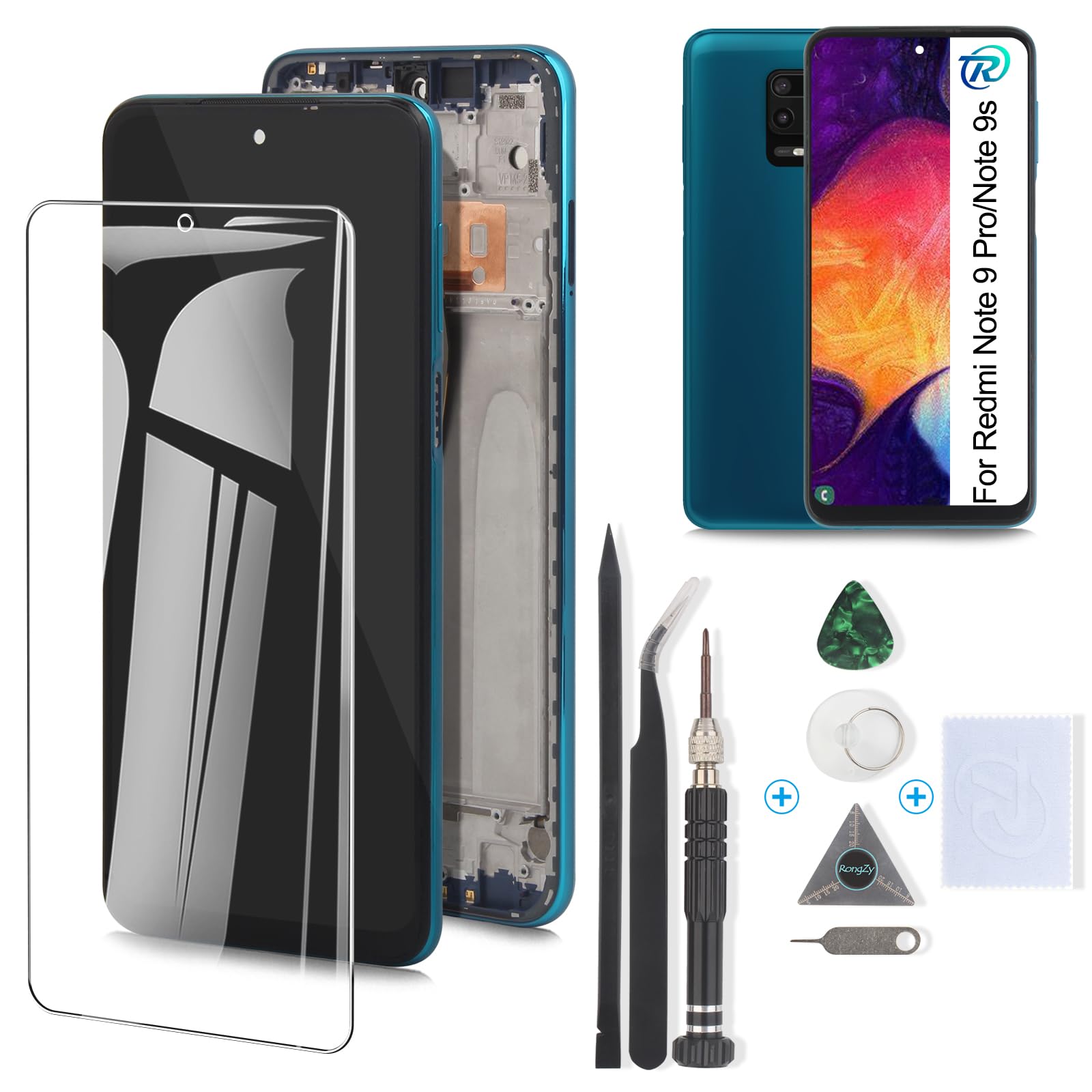 RongZy Screen Replacement for Xiaomi Redmi Note 9 Pro Display for Redmi Note 9S Screen Digitiser Assembly for 6.67 Inch Note 9 Pro Note 9s with Repair Kits (Aurora Blue with Frame)