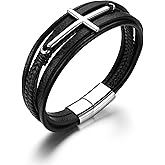BOPREINA Men's Faith Bracelet Cross Leather Bracelet for Men Stainless Steel Closure Religious Cross Multi-Layer Braided Bracelet Leather Bangle Wristband 8.7 Inch