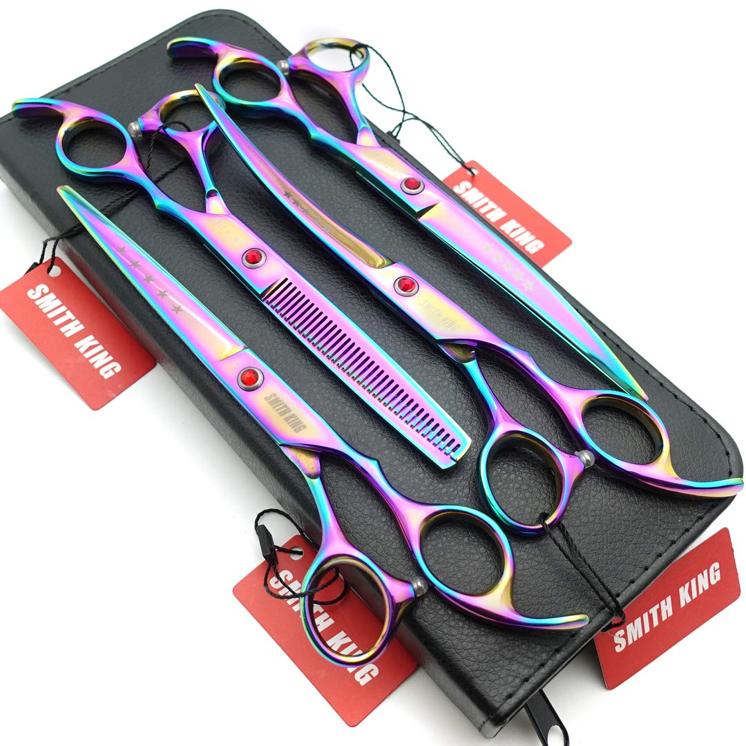 7.0 inches Professional Dog Grooming Scissors Set Straight & thinning & Curved 4pcs in 1 Set (Rainbow)