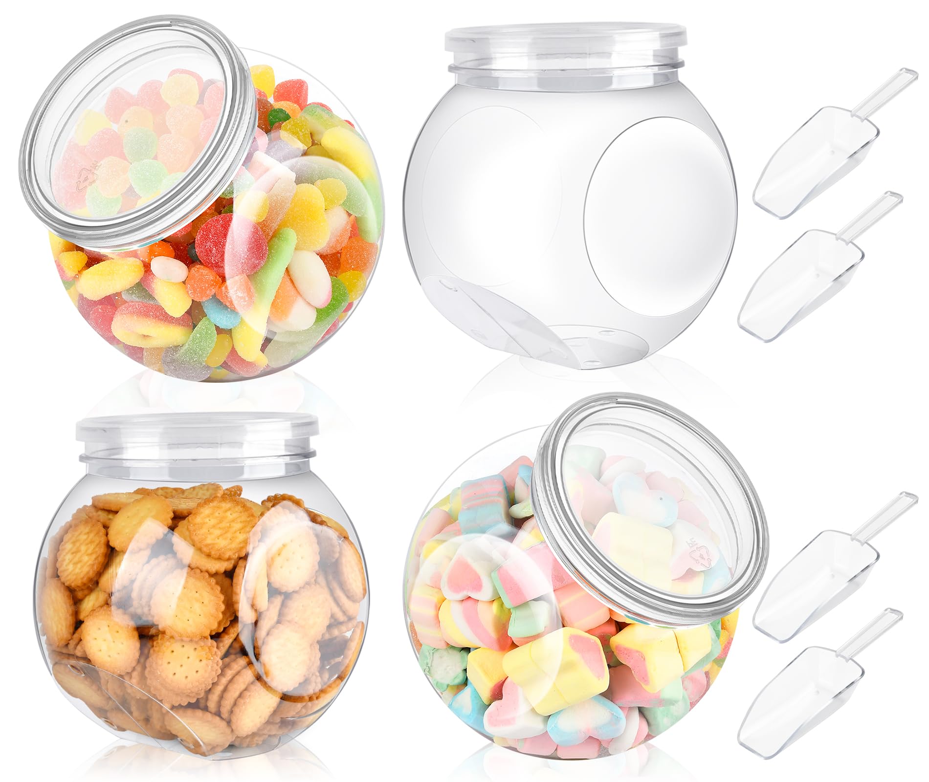 Photo 1 of Elesunory 4 Set 47.6Oz Plastic Candy Jars with Lids and Scoop, Plastic Candy Jars for Candy buffet, Wide Mouth Cookie Jars for Kitchen Counter Decorative, Storage for Cookie Pets Treats Laundry Pod