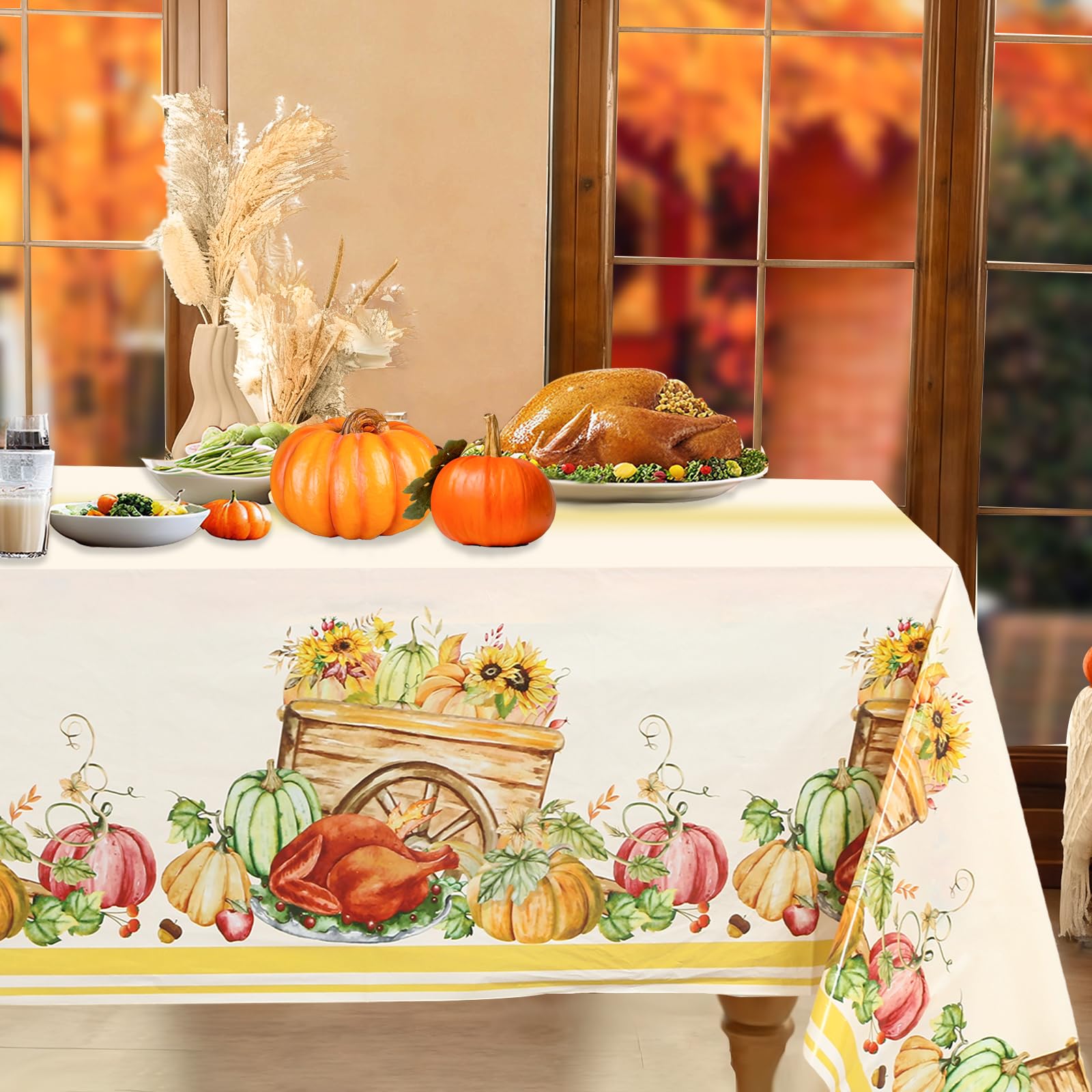 Photo 1 of 3PCS Thanksgiving Tablecloth, Disposable Plastic Tablecloths Rectangle Give Thanks Table Cover with Harvest Pumpkin Turkey for Home Kitchen Party Picnic Thanksgiving Decorations, 51.2x 86.6inch