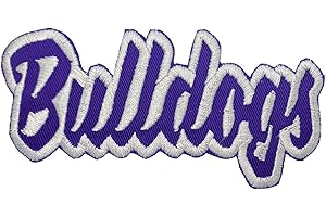 WHOLESALE APPLIQUE Bulldogs Mascot, Team Name, Embroidered, Iron on Patch (Purple Twill/White Outline)