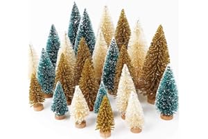 AerWo 24Pcs Mini Christmas Trees Bottle Brush Trees with Wood Base, Christmas Village Trees for Tabletop Christmas Decor Holiday Winter Decorations