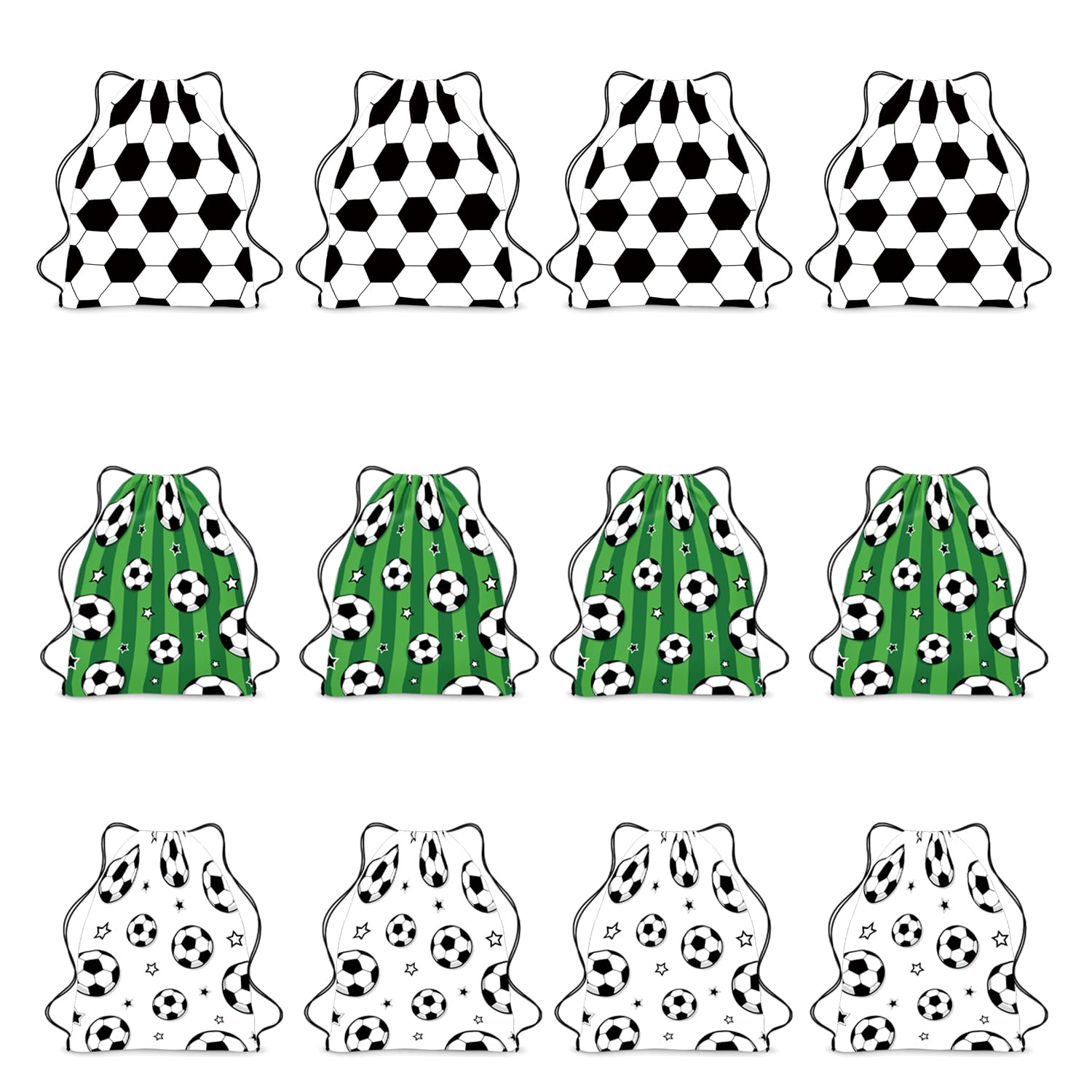 FANOST 12-Piece Drawstring Bags for Kids - White & Green Football Goodie Bags for Soccer, Snacks, Parties