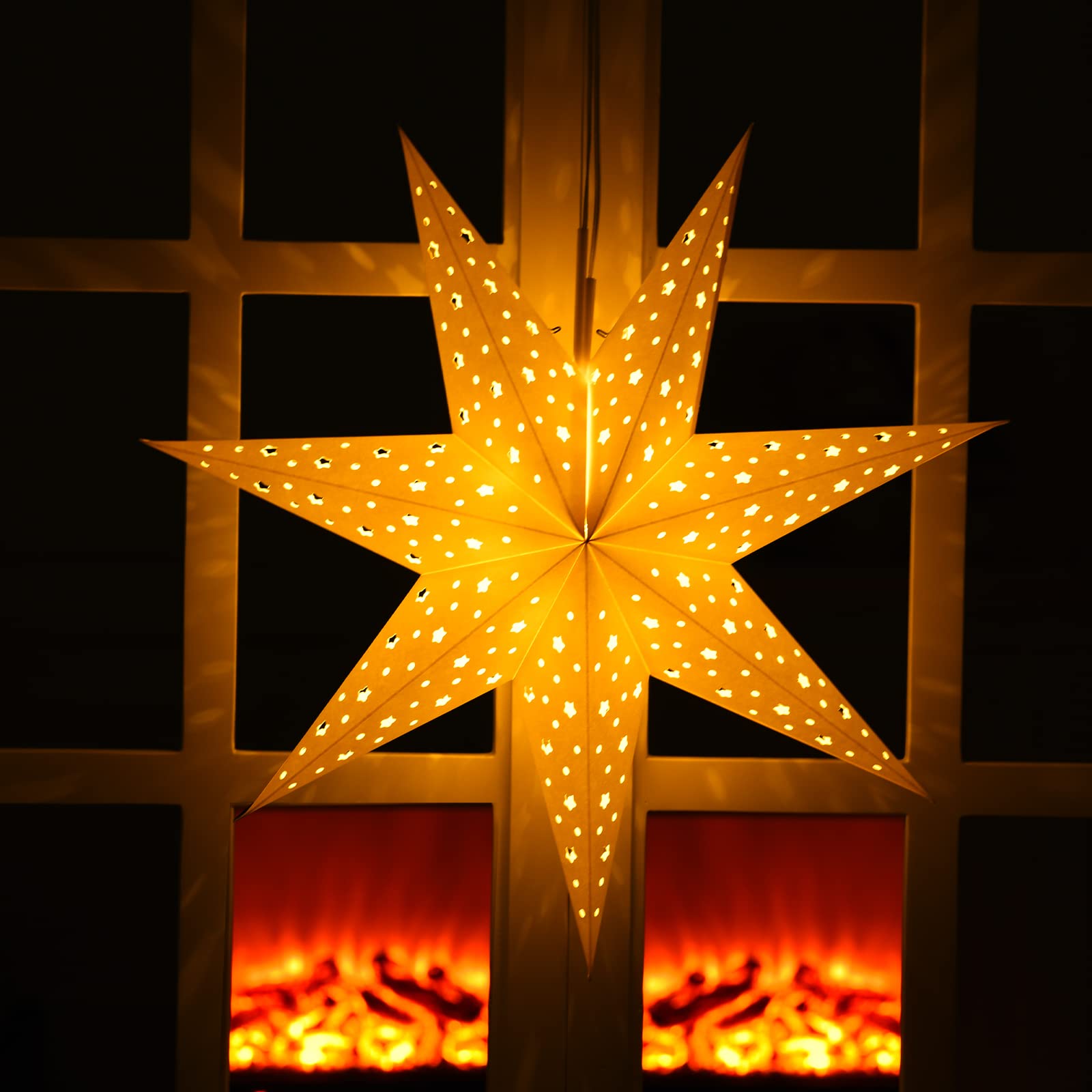 Photo 1 of 19.7 Inch Christmas Star Paper Lantern 7 Pointed Star Paper Lantern with 10 LED Light String Hanging Pendant Lampshade Ornament for Weddings Holiday Birthday Home Decor(Trendy,Gold)