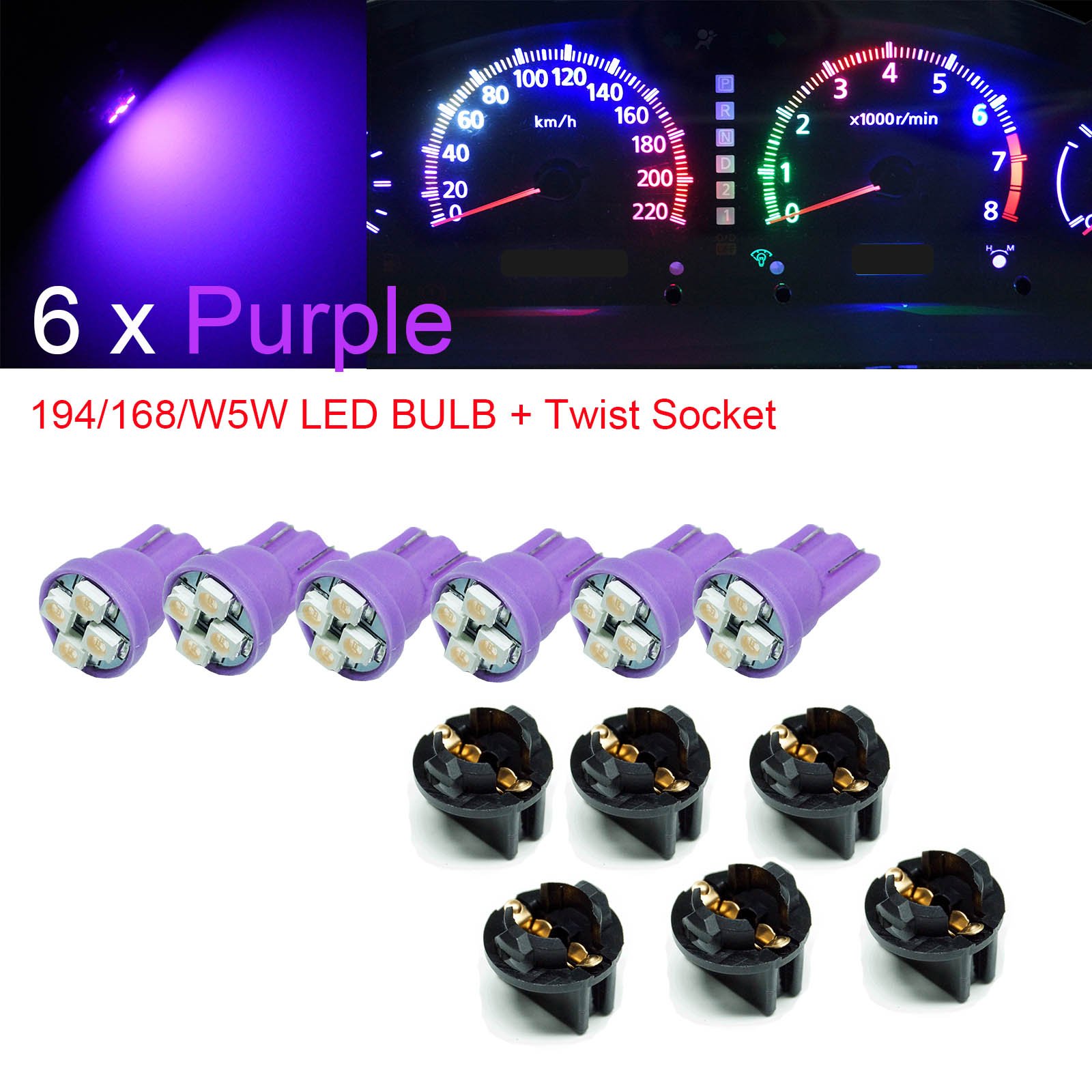 PA LED 6PCS T10 168 194 Led instrument PA LEDnel Dash Light Bulb 1/2" Twist Lock Socket -12V (Purple)